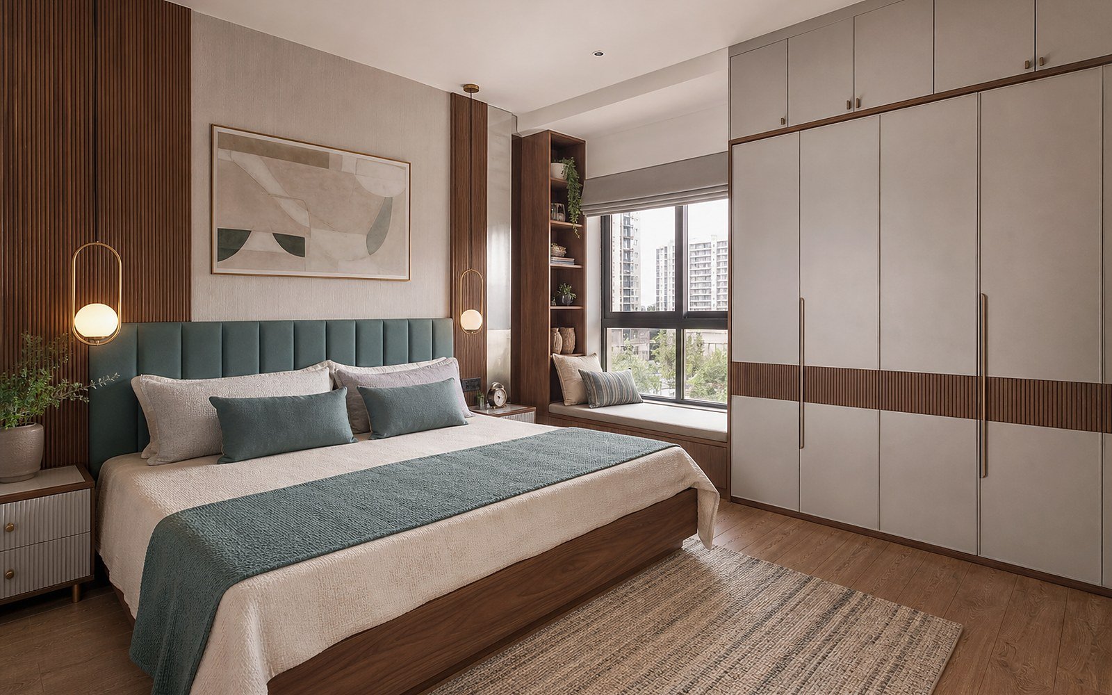 Warm Teak Bedroom with Study Nook