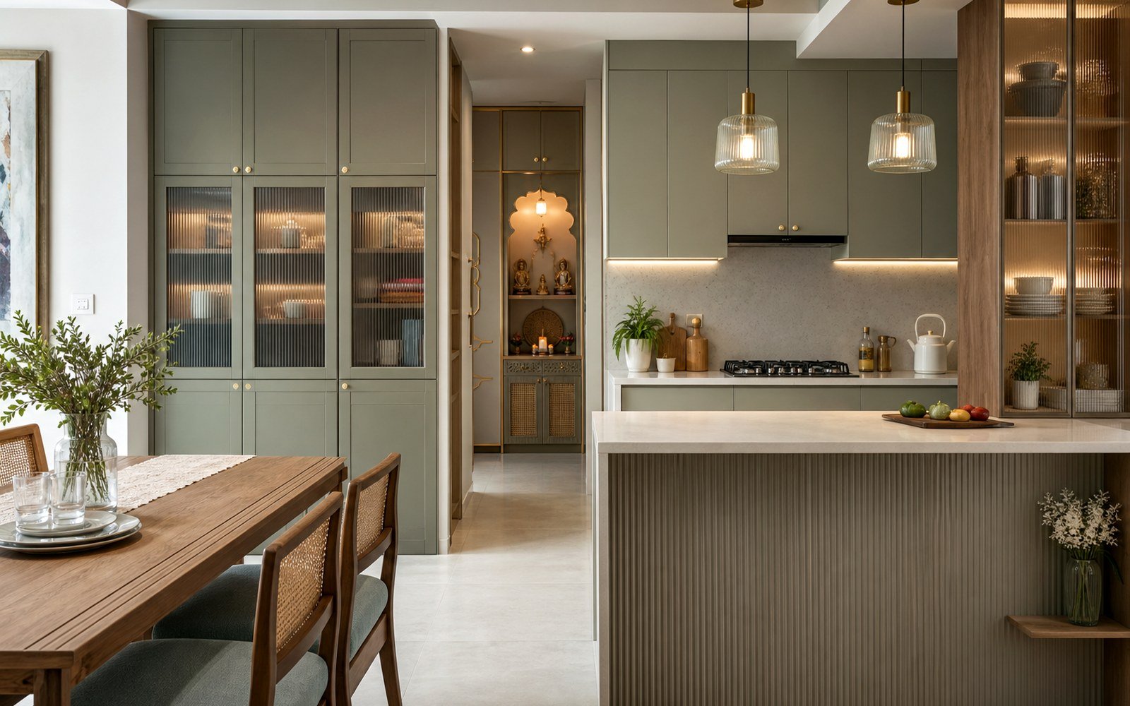 Modular kitchen with island and integrated storage