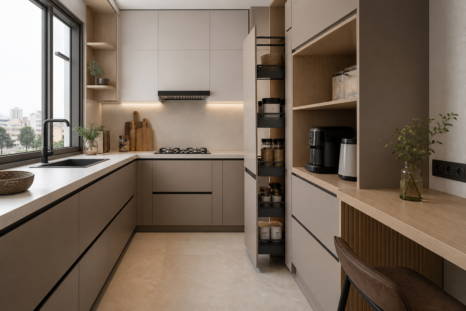 Compact taupe urban modular kitchen