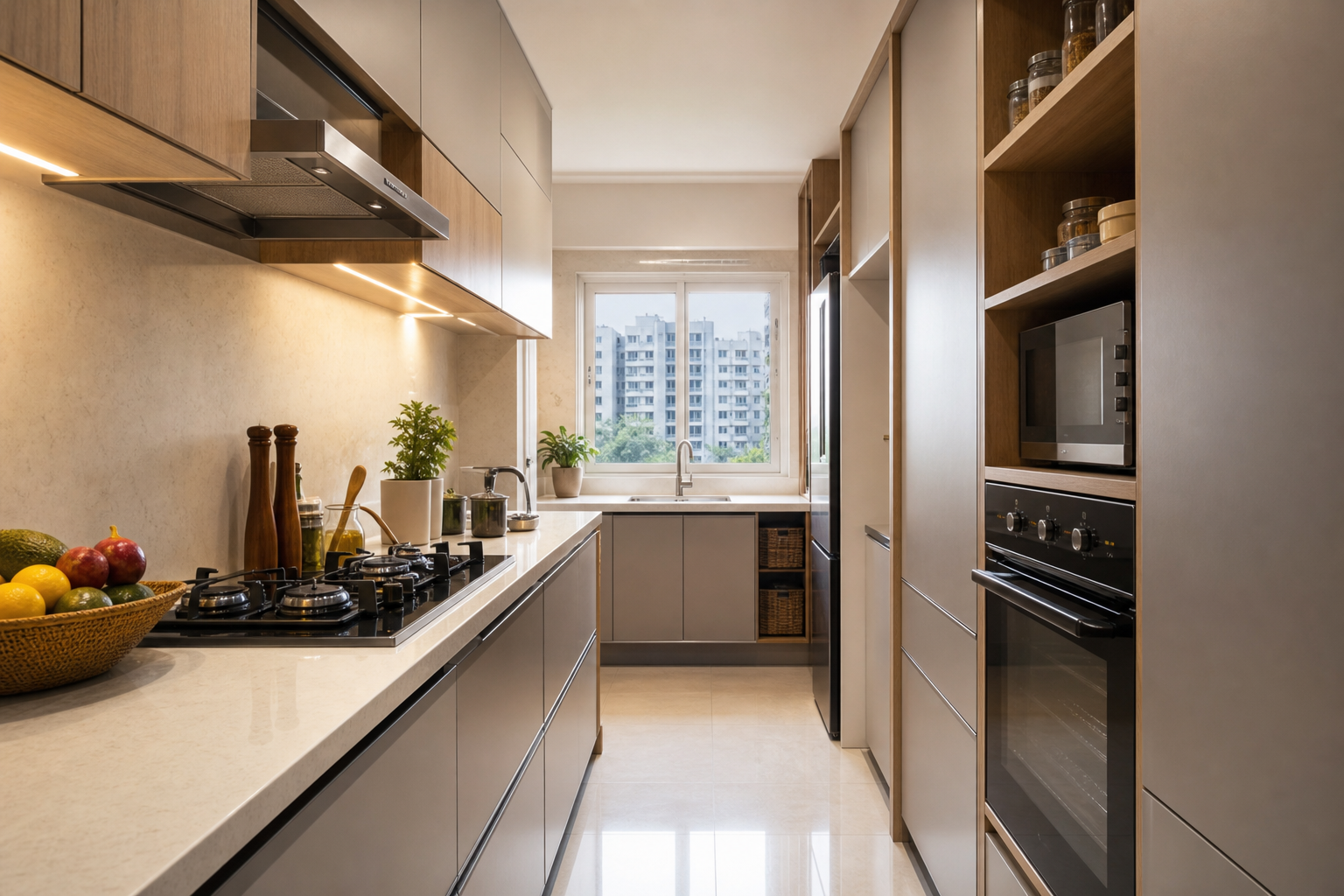 Warm grey parallel galley kitchen