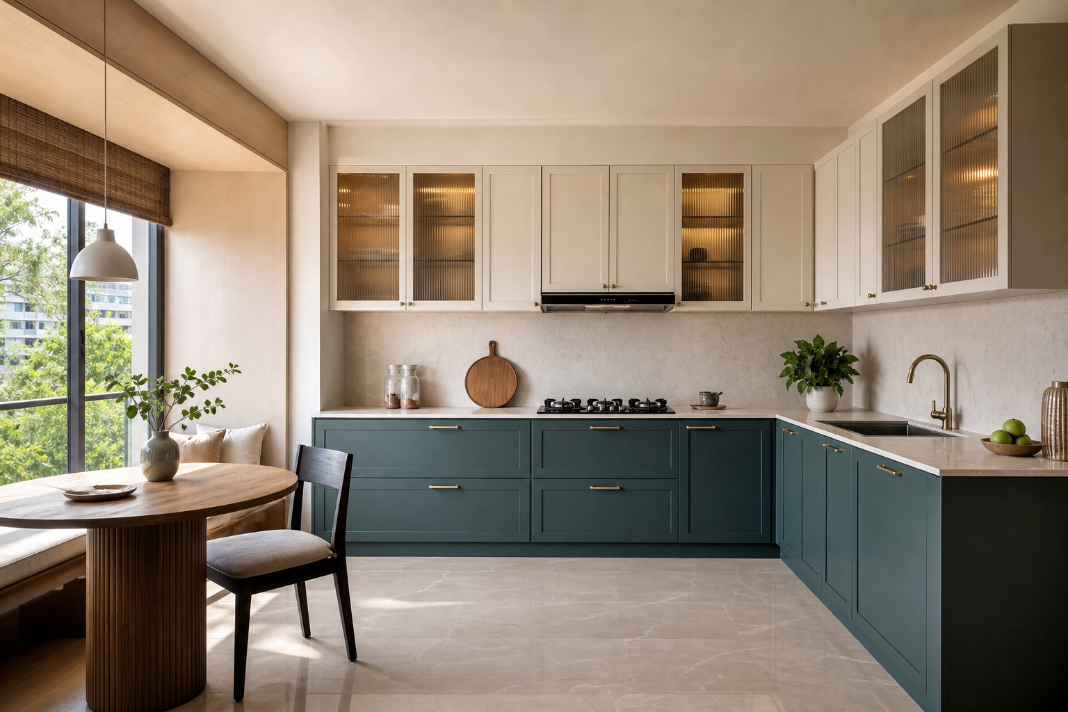Muted teal L-shaped kitchen with breakfast nook