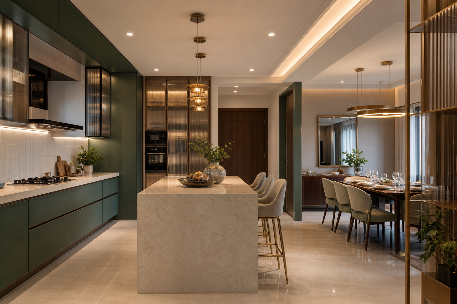 Open-plan eucalyptus kitchen and dining space