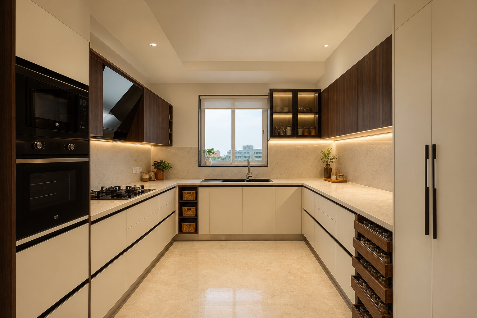 Ivory and walnut U-shaped modular kitchen