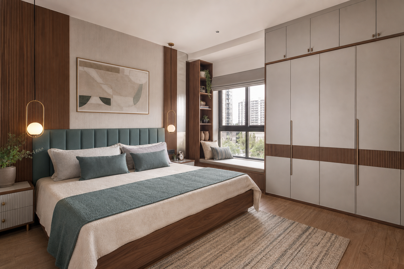 Calm bedroom interior with integrated wardrobe and layered lighting