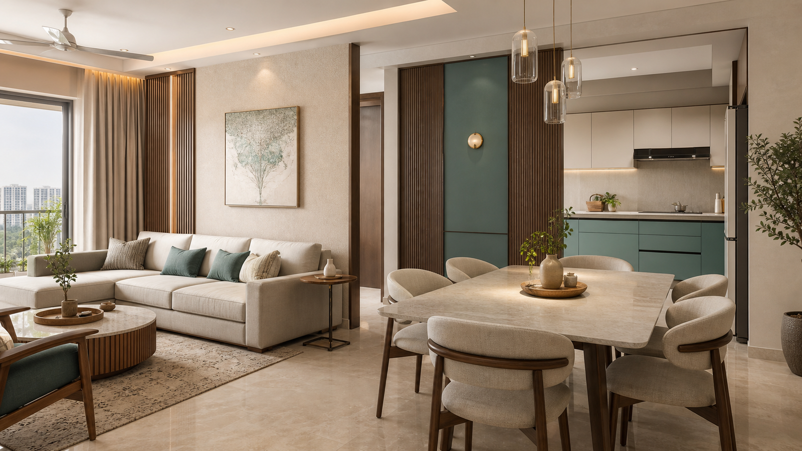 Warm contemporary living and dining interior