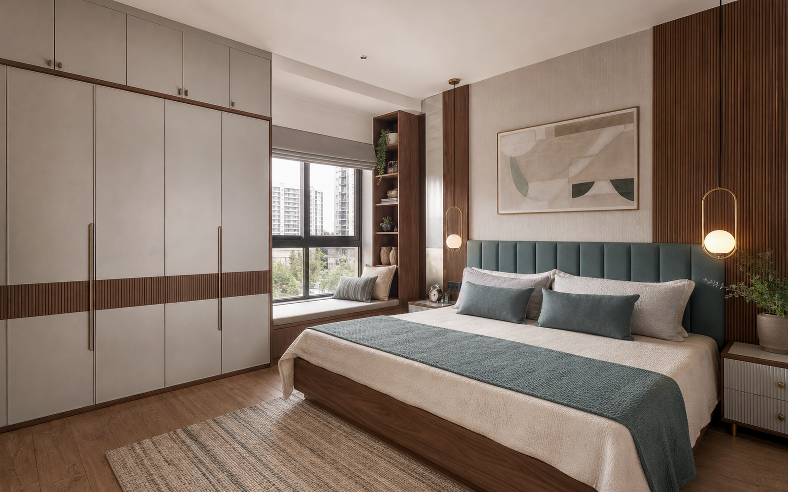 Modern wardrobe with open shelving and sculptural mirror