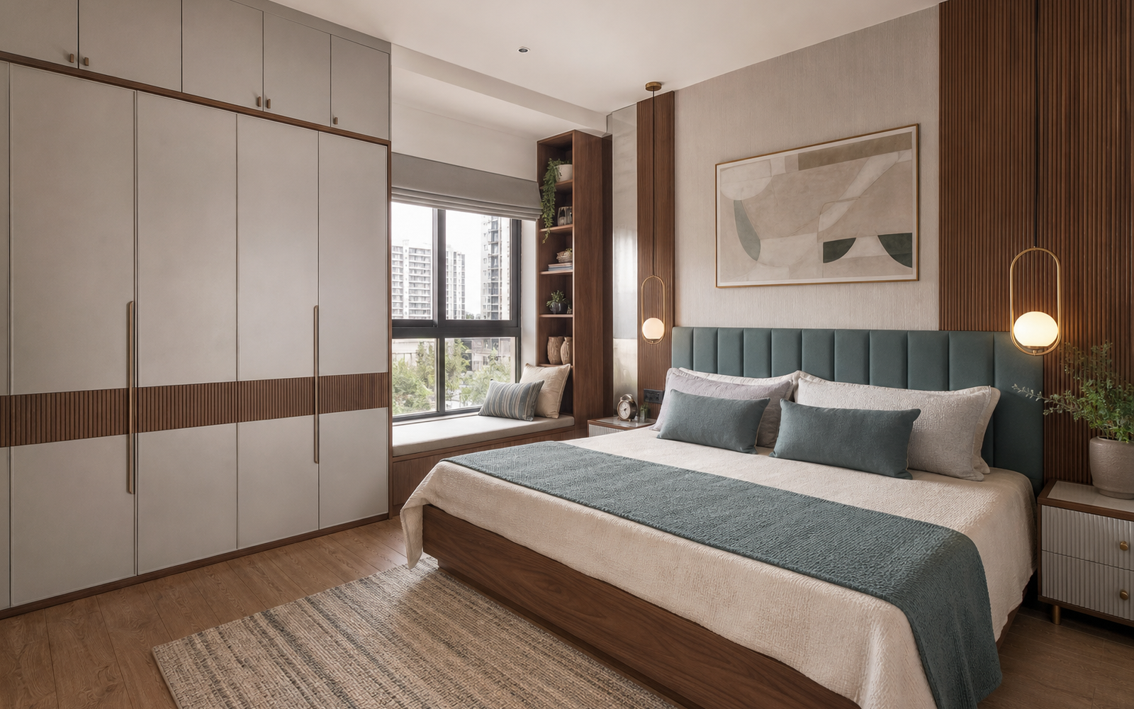 Contemporary wardrobe with overhead storage and mirror