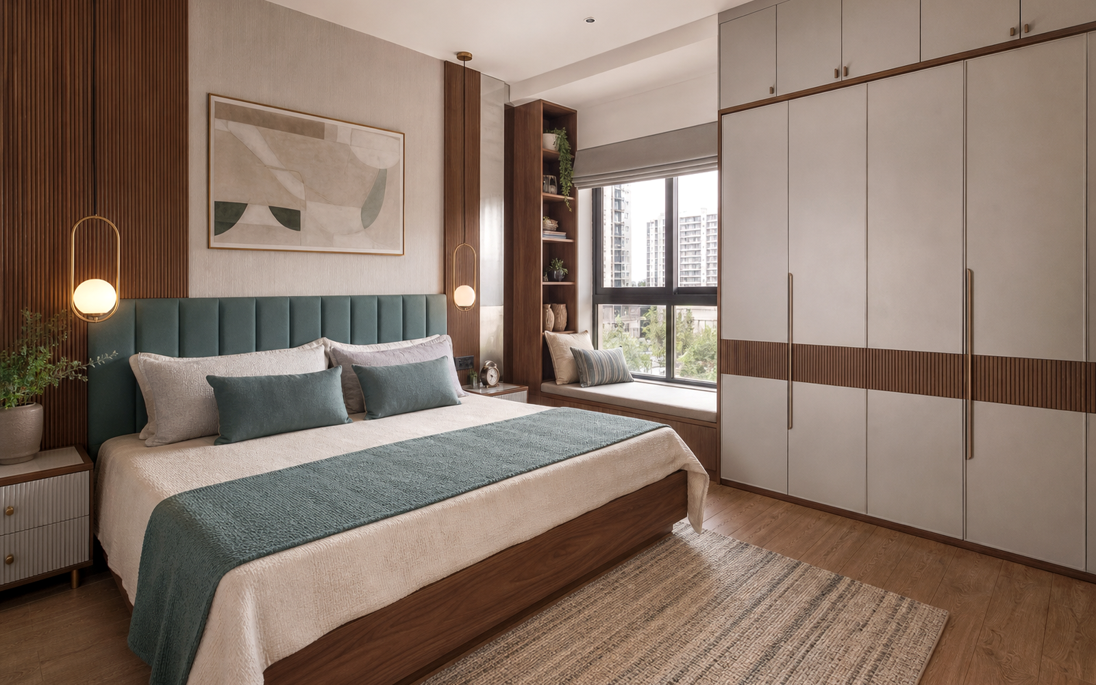 Fluted wardrobe with illuminated display shelves