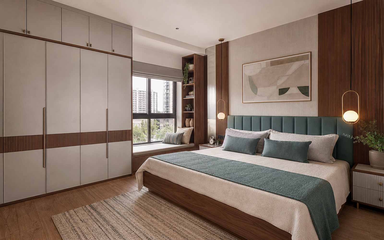 Luxury wardrobe with open illuminated compartments